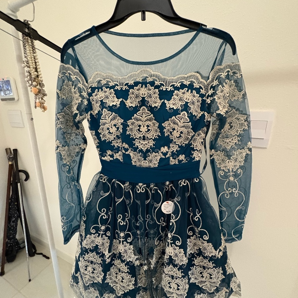 Chi Chi London Teal and Cream Lace Dress